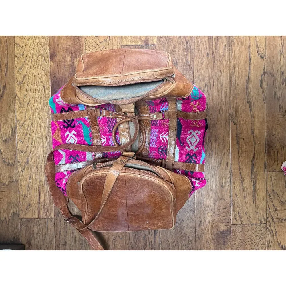One-of-a-Kind Huipil & Full-Grain Leather Convertible Travel Duffel Bag