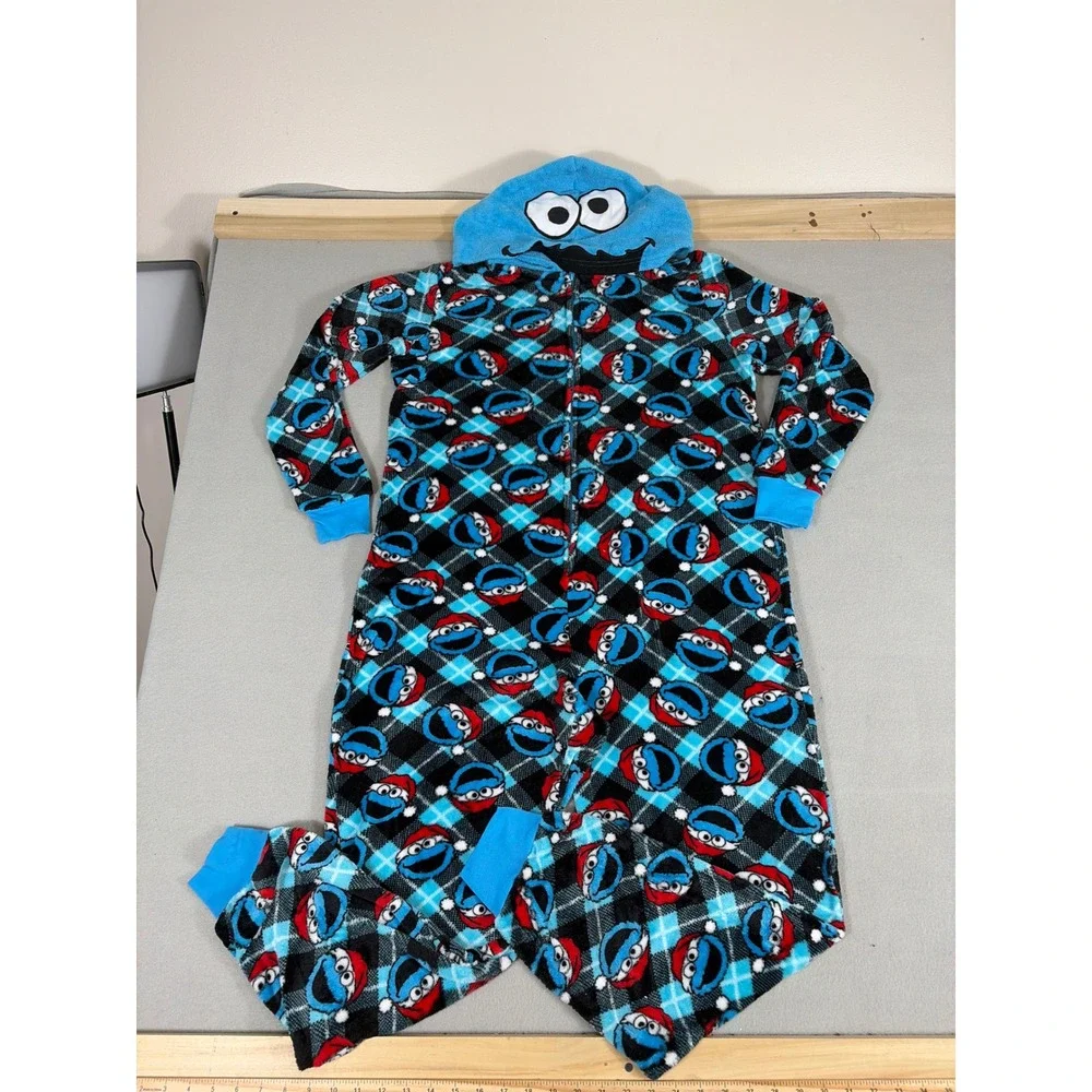 Sesame Street Cookie Monster Hooded One Piece Pajamas Suit Blue Plaid Medium