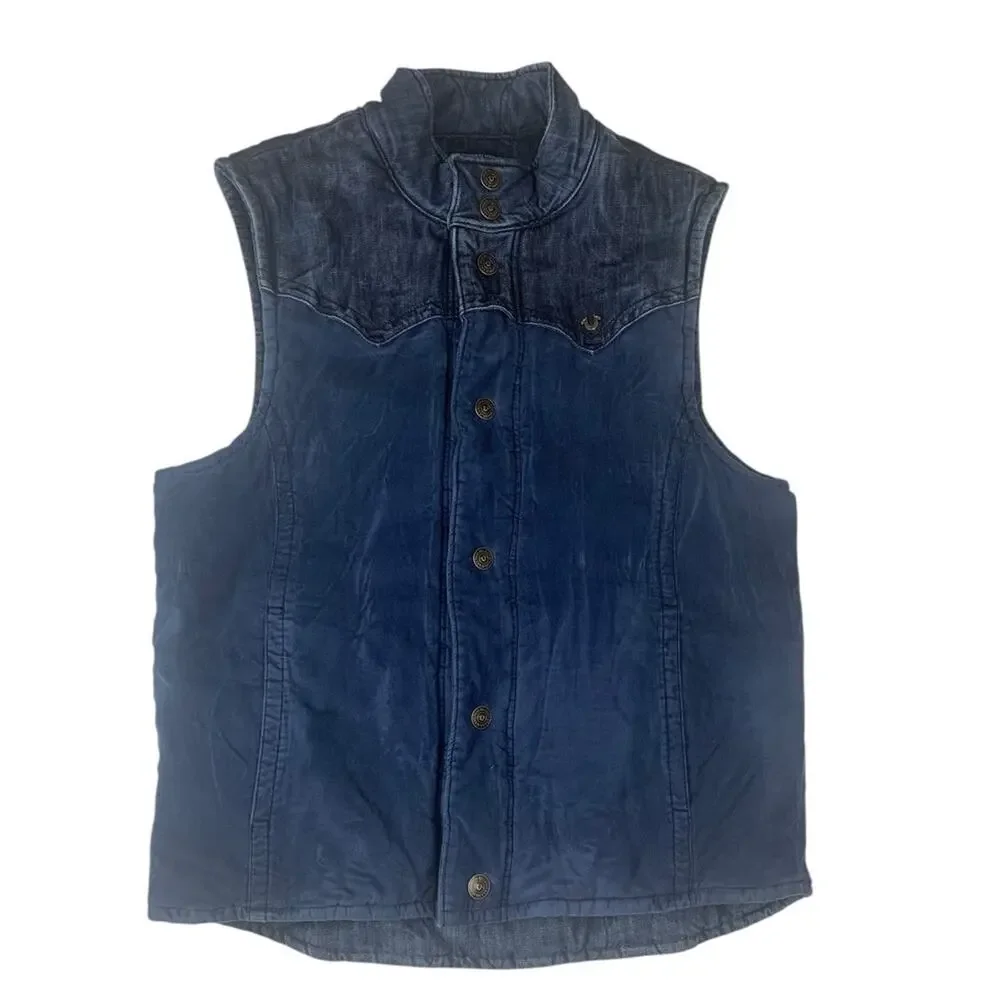 True Religion mens large puffer Indigo Denim Vest reversible logo