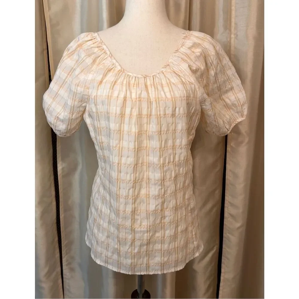 J Crew Women's V Back Puff Sleeve Textured Plaid Top Blouse Size 2 NWOT