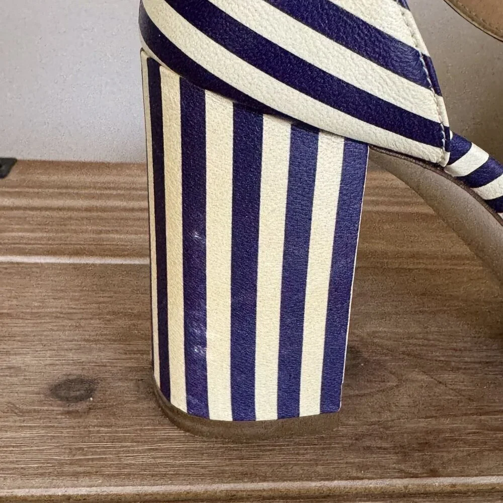 J. Crew Leather Light Cream Navy Stripe Ankle Strap Open Toe Block Heel Sandals