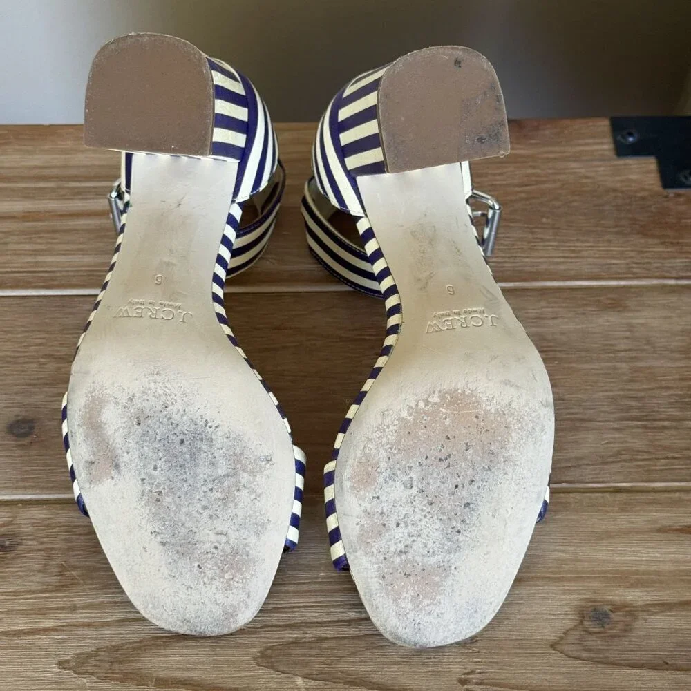 J. Crew Leather Light Cream Navy Stripe Ankle Strap Open Toe Block Heel Sandals
