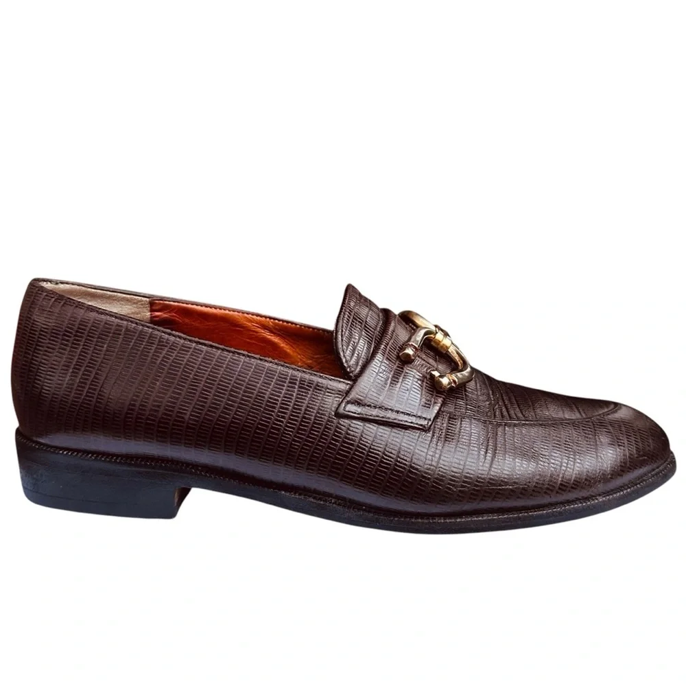 Robert Clergerie Brown Loafers Faux Lizard Skin Embossed Leather 6 1/2 M Vintage
