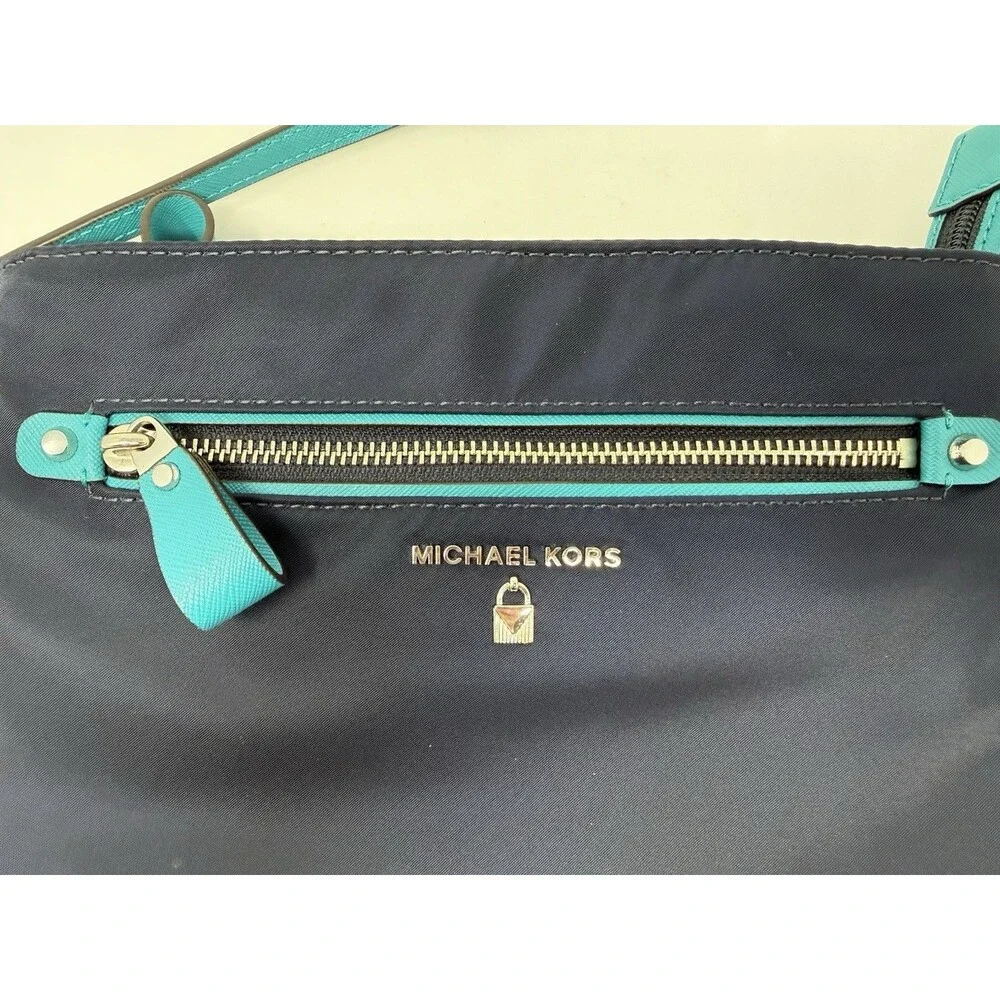 Michael Kors Navy Blue Nylon Crossbody Bag Turquoise Trim Adjustable Strap
