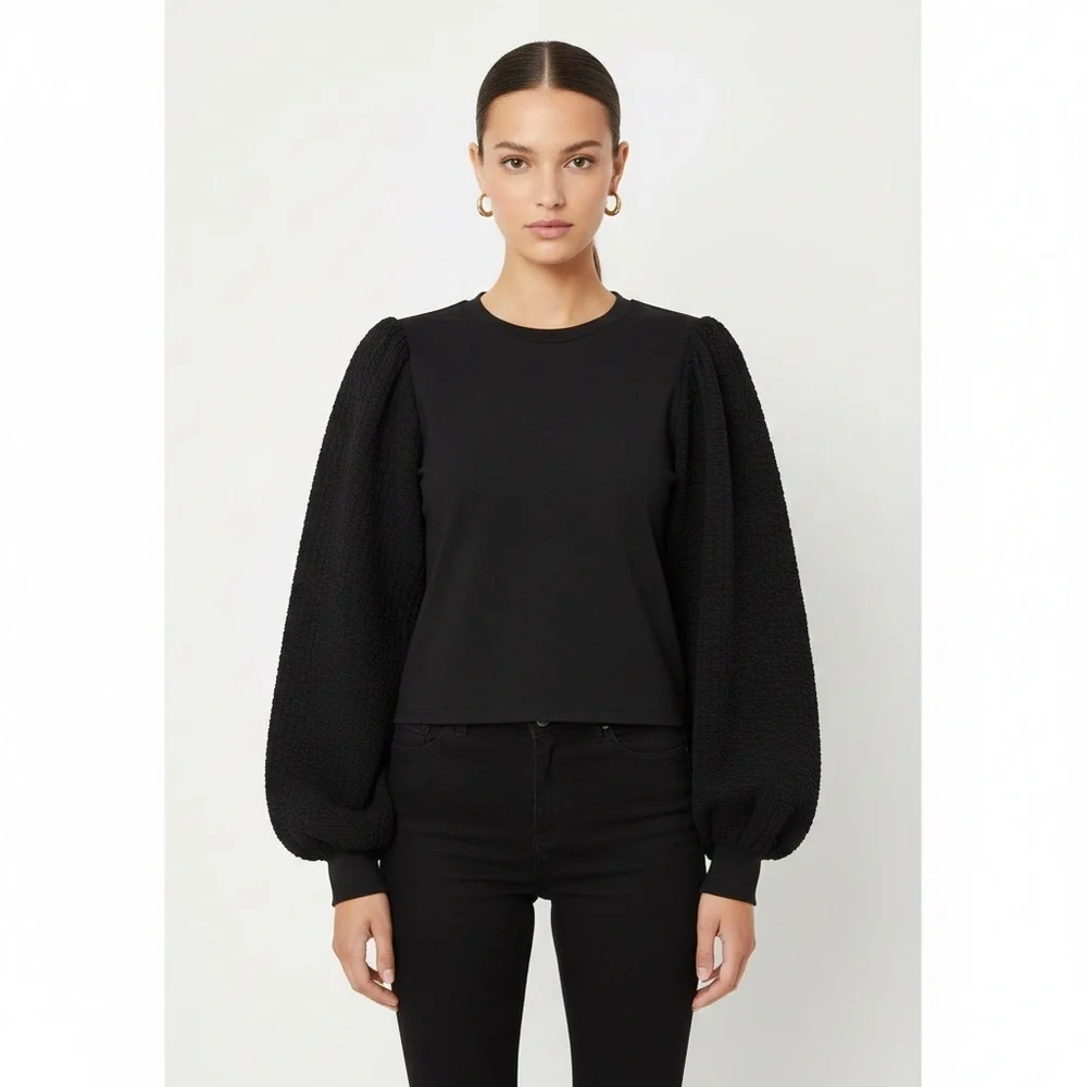 Bershka Blouse Long Puff Textured Sleeve Cropped Black Party Y2K Knit Top Size L