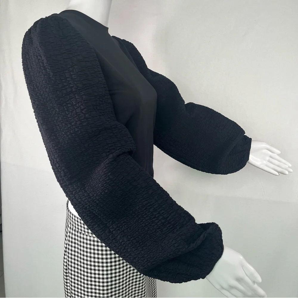Bershka Blouse Long Puff Textured Sleeve Cropped Black Party Y2K Knit Top Size L