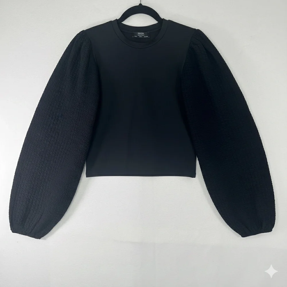 Bershka Blouse Long Puff Textured Sleeve Cropped Black Party Y2K Knit Top Size L