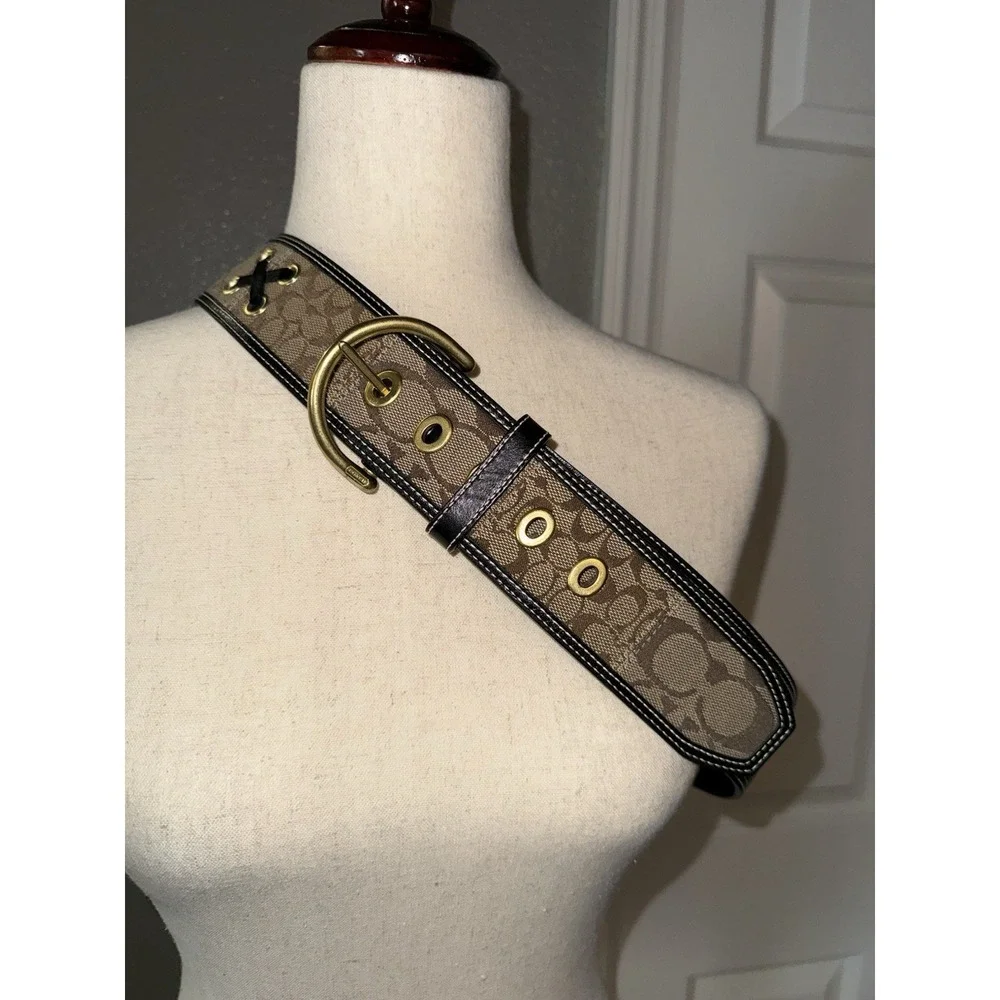 Coach Monogram Canvas and Leather Wide Boho Western Belt in Tan and Brown Sz L