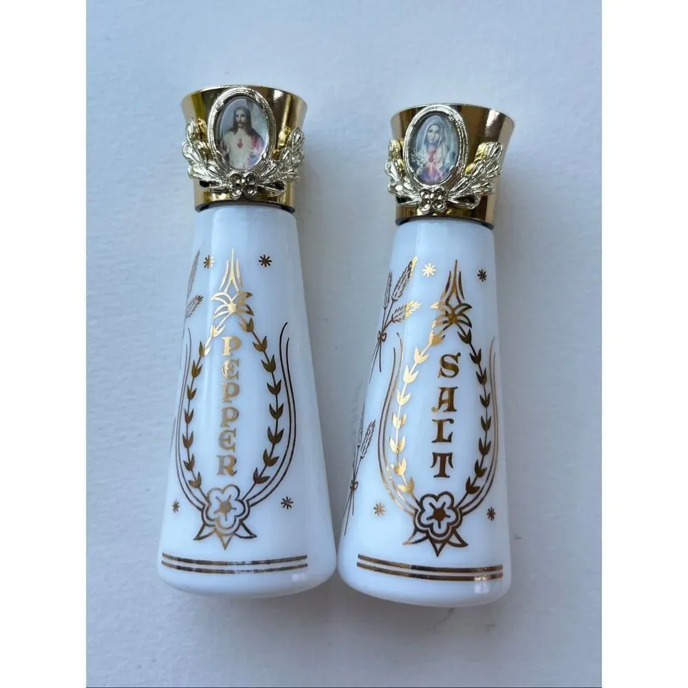 VTG Milk Glass Salt Pepper Shakers Religious Jesus Mary Gold Foil Set