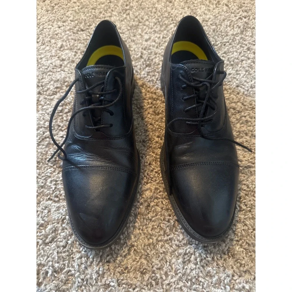Cole Haan Grand Mens Black Leather Cap Toe Oxford Dress Shoes Lace Up