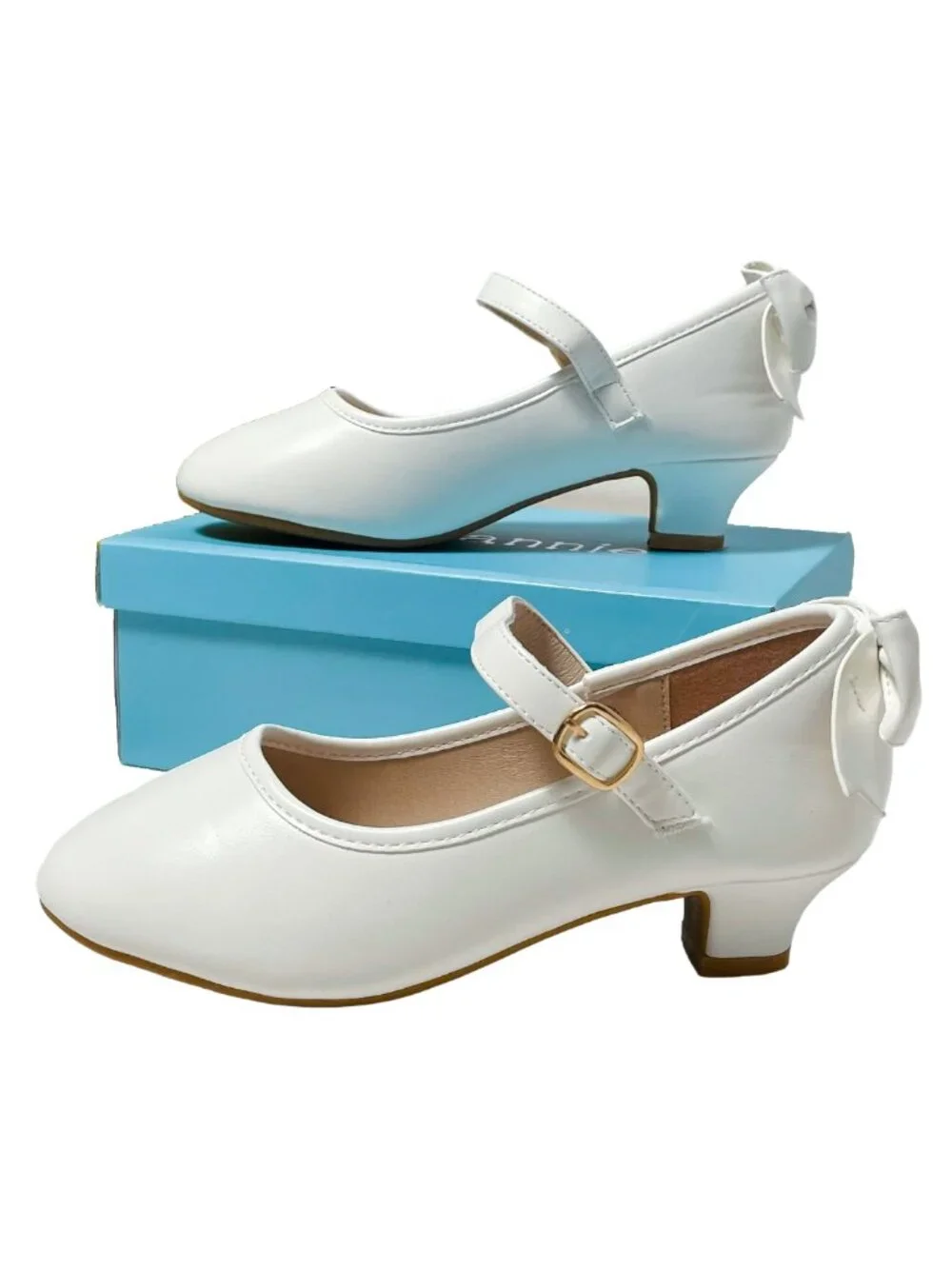 Girls White Flower Girl Heels Bow Back Mary Jane Dress Shoes Size 3