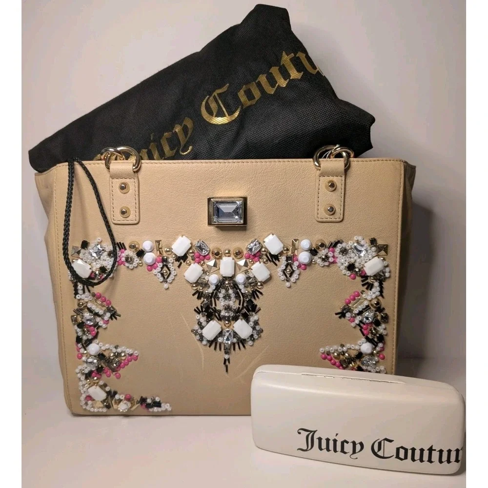 Juicy Couture Freya Genuine Leather Satchel Bejeweled Cream Gold NWT Dust Bag