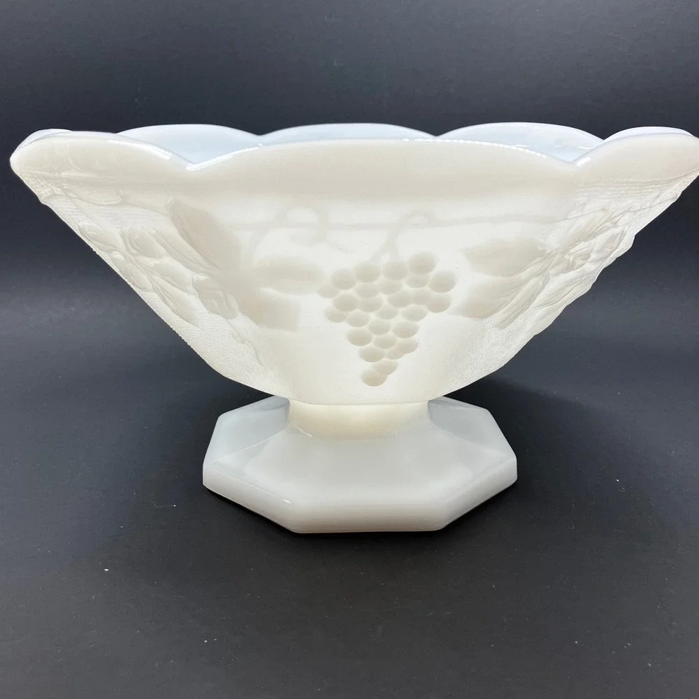 Anchor Hocking Footed Bowls Harvest Grape 8.5in White Milk Glass Vintage Pair