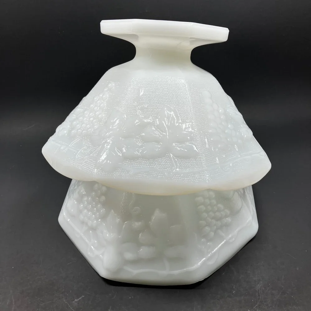 Anchor Hocking Footed Bowls Harvest Grape 8.5in White Milk Glass Vintage Pair