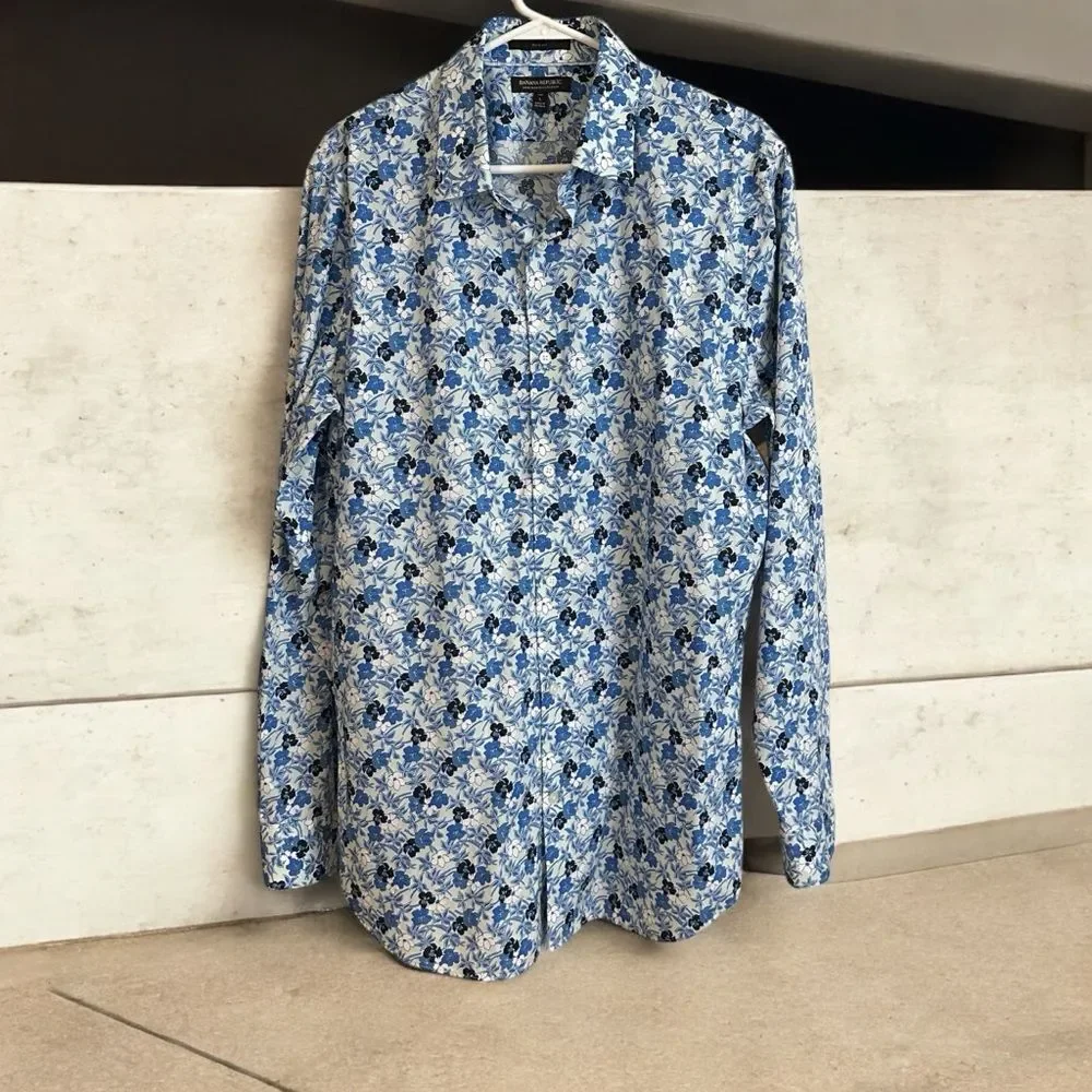 Banana Republic Slim Non-Iron ‎ Blue Floral Cotton Men's Long Sleeve Shirt Large