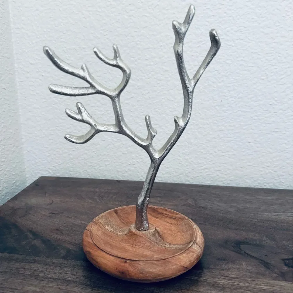 Silver Wood Base Metal Jewelry Tree Display Stand Organizer