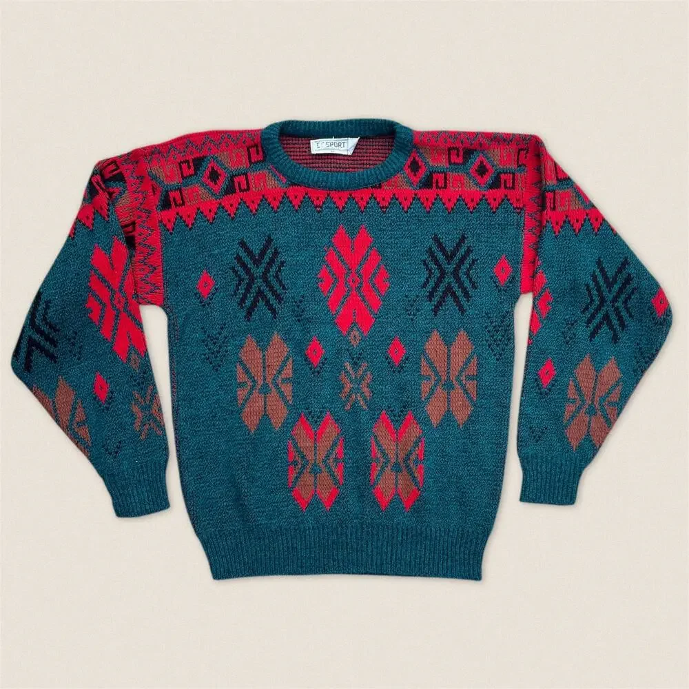 Vintage 90s Fair Isle Snowflake Grandpa Sweater CC Sport -‎ Size Medium