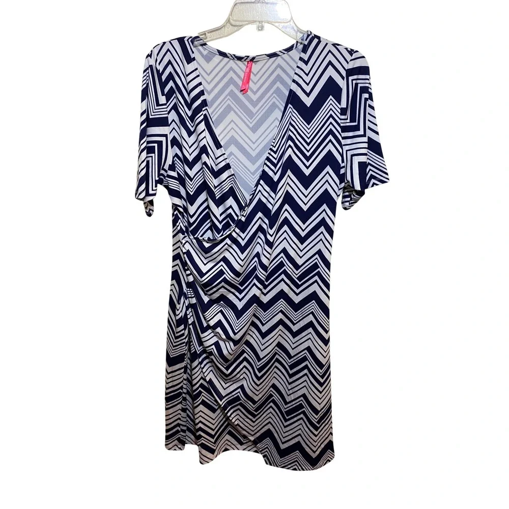 Ruby Ribbon‎ Navy Blue White Chevron Faux Wrap Dress XL Short Sleeve V-Neck