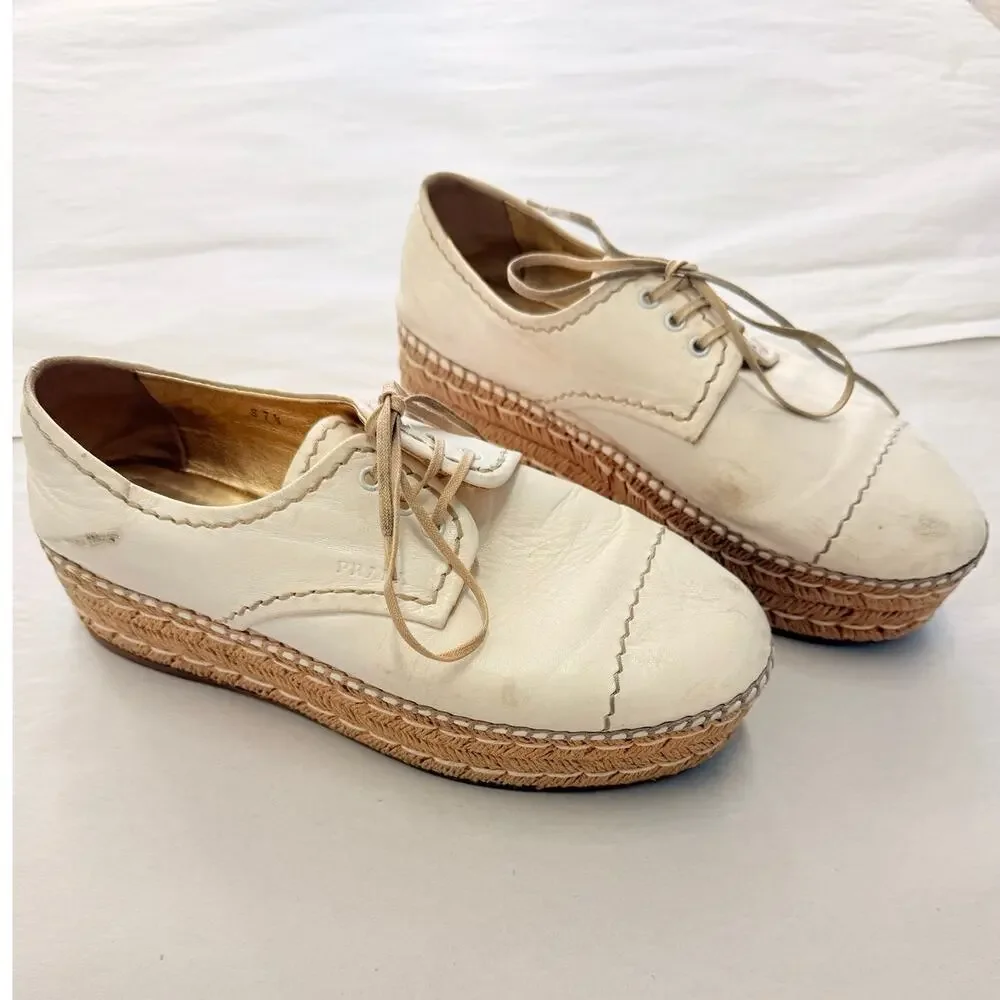Prada 2024 Leather Platform Espadrilles EU 37.5 US‎ 7.5 Off-White