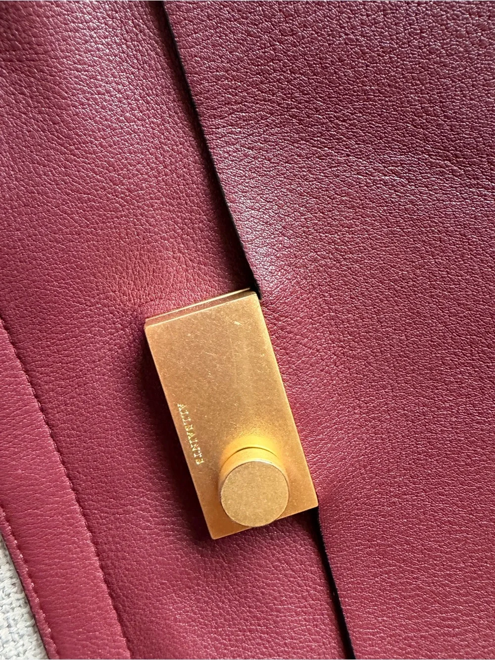 All Saints Burgundy Leather Messenger Bag with Gold Accent