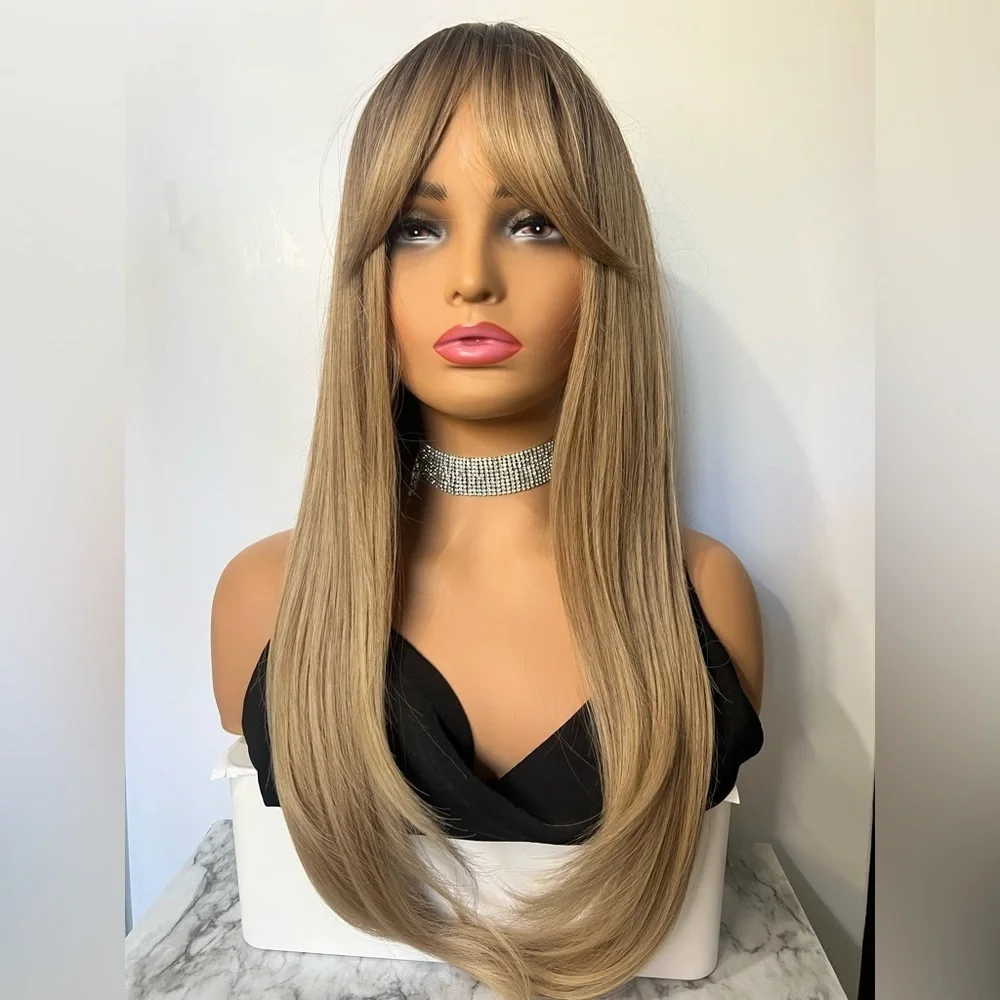 Dirty Blonde Long Straight hair Wig with Side Bangs