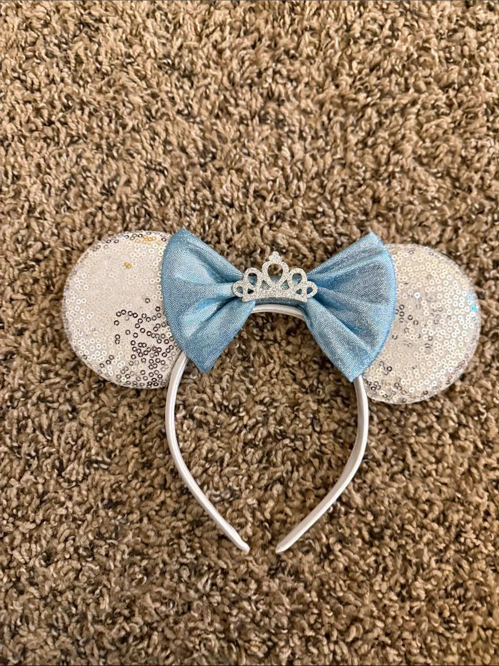 Disney Silver Sequin Minnie Ears Headband with Light Blue Bow