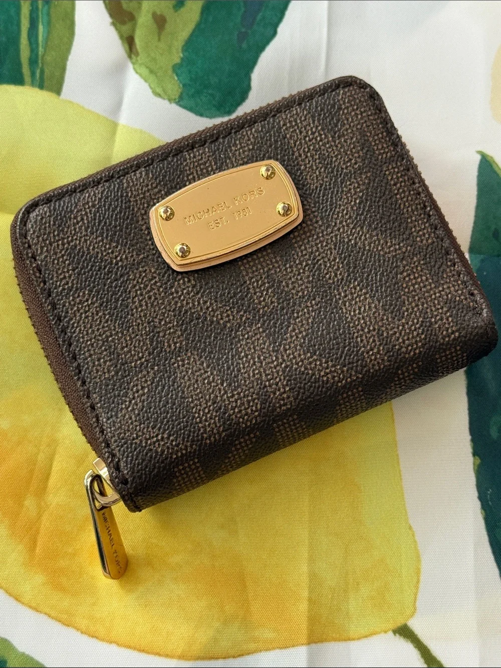 Michael Kors Dark Brown Coated Canvas Zip Card Holder with Gold Plate