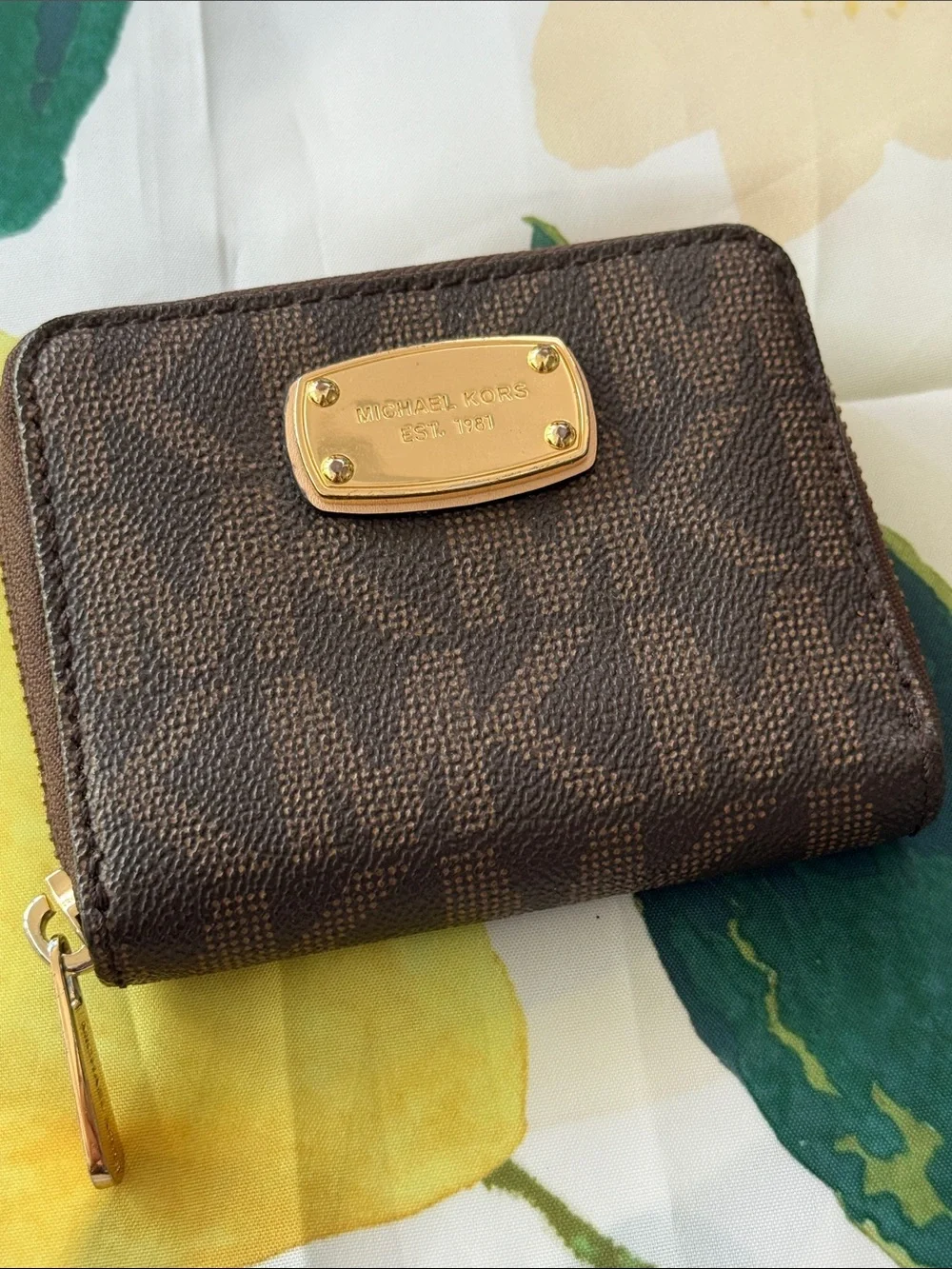 Michael Kors Dark Brown Coated Canvas Zip Card Holder with Gold Plate