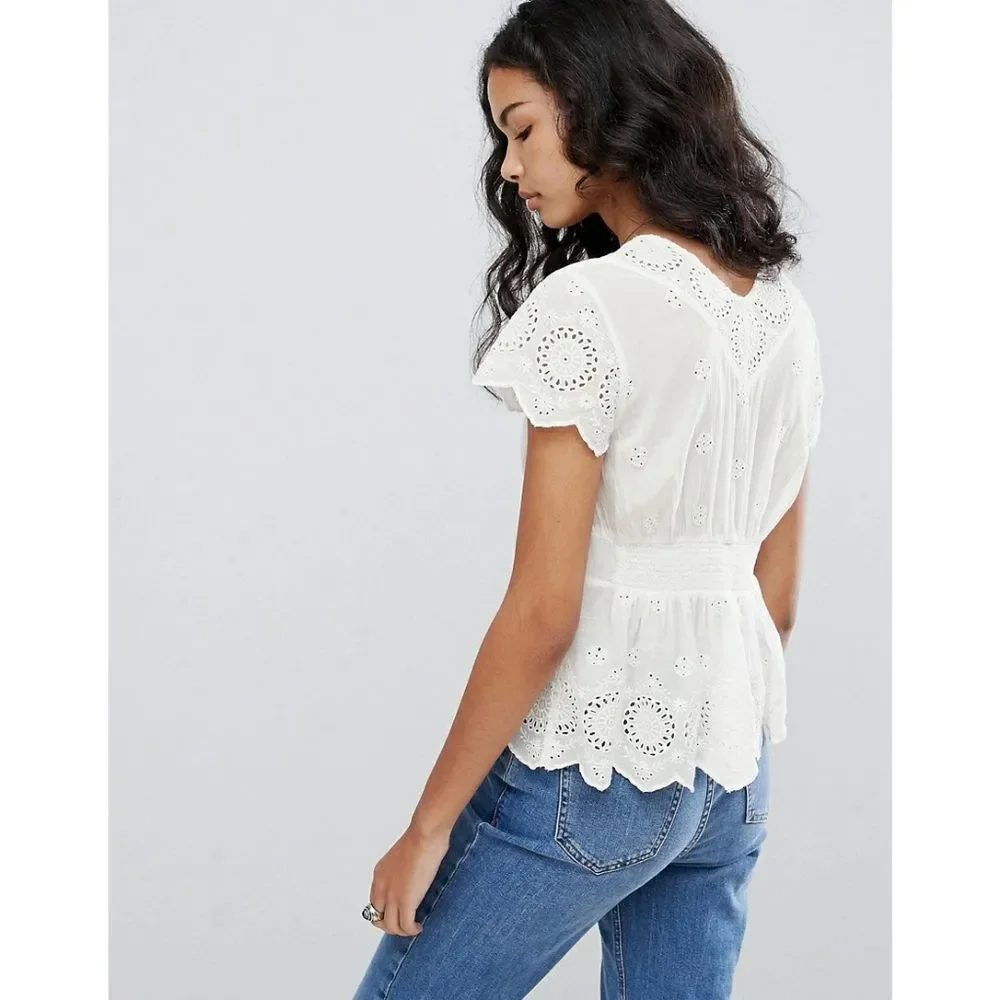 New! FREE PEOPLE Truly Your Eyelet Cutout Peplum Top Blouse Size Small Ivory
