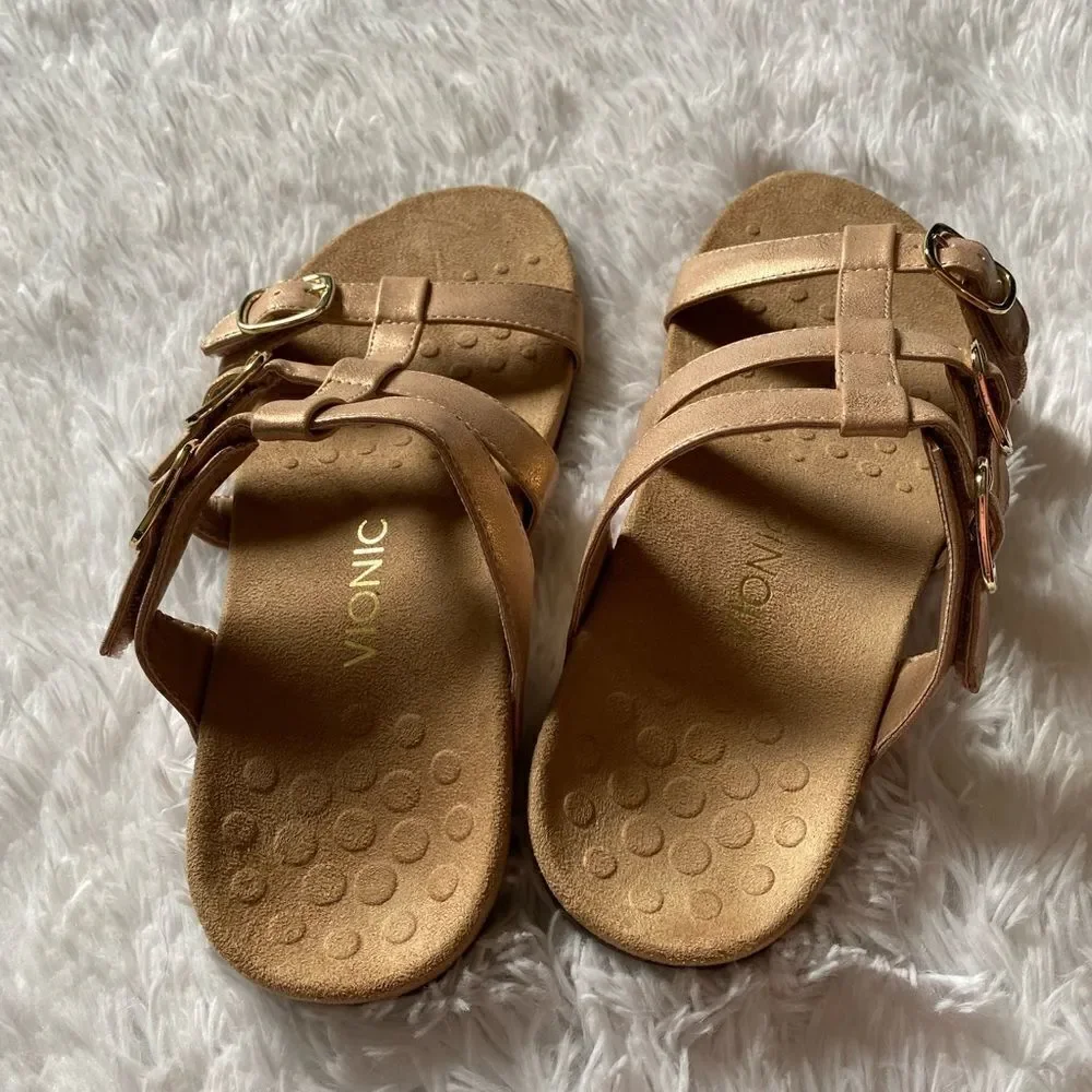 Vionic Misa Rose‎ Gold Strappy Slip on Sandals Womens Size 9 Wide