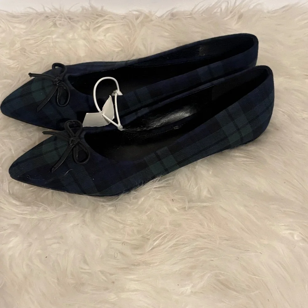 J.Crew Womens Black Watch Plaid Pointed Toe Bow Flats BT216 Size 8