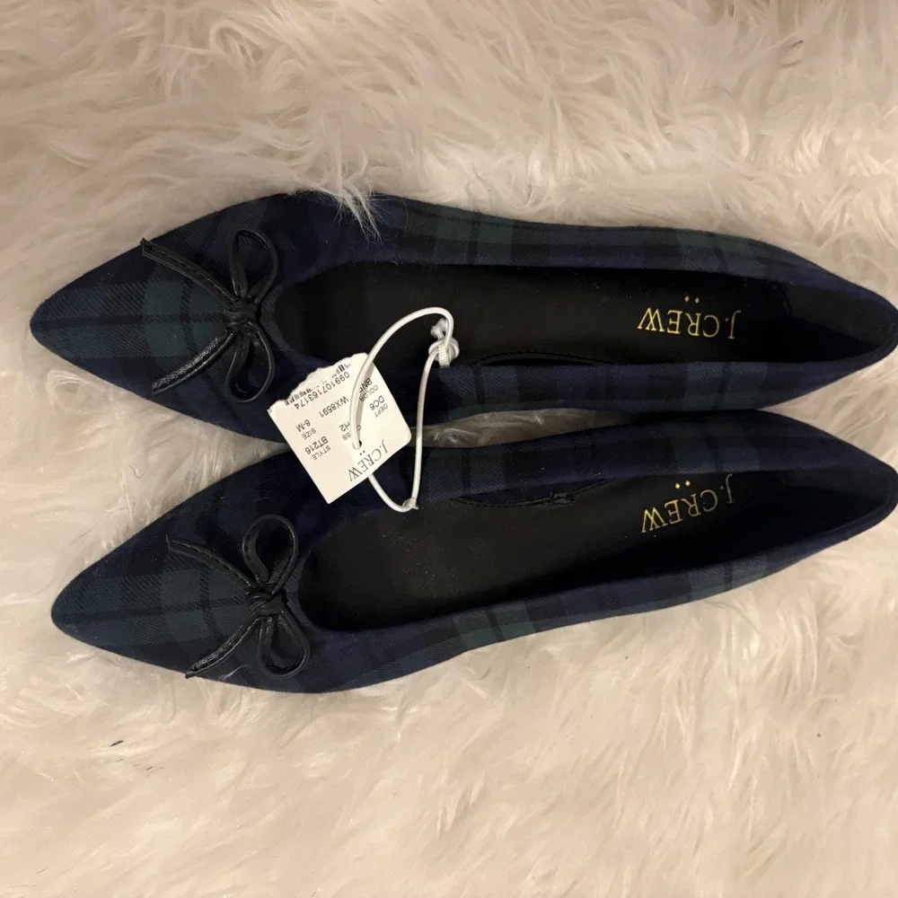 J.Crew Womens Black Watch Plaid Pointed Toe Bow Flats BT216 Size 8