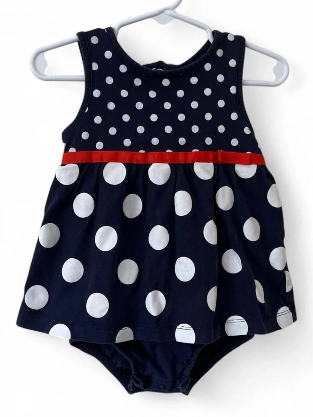 18M Bubble Romper Sunsuit Carters Girls Navy Blue White Polka Dot Red Sash Bow