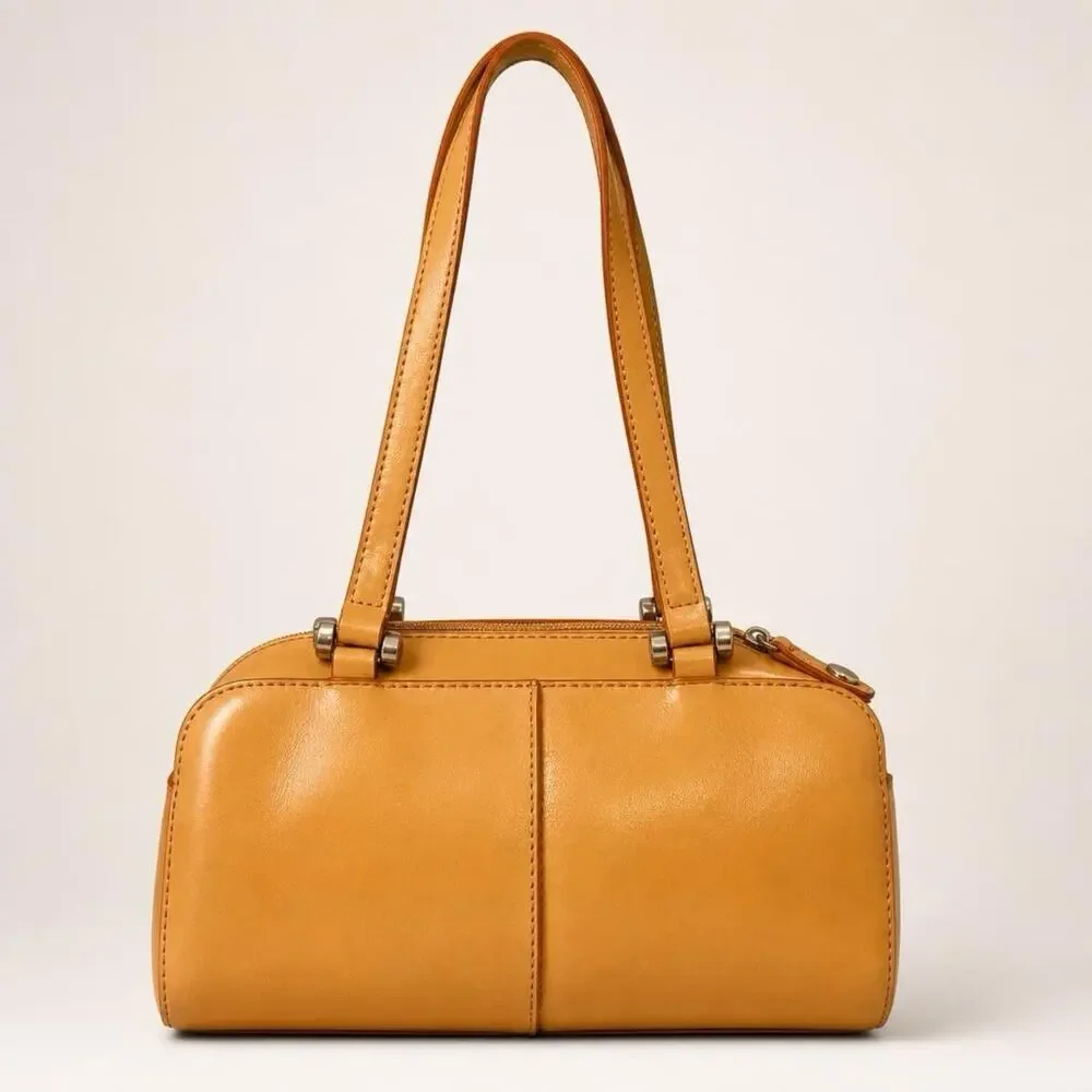 Rare Geoffrey Beene Stimulated Leather Barrel Handbag Bag Beige Shoulder Strap