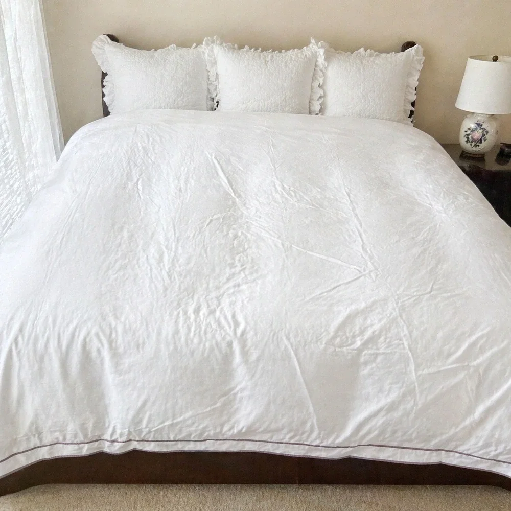 LAUREN RALPH LAUREN Palmer Queen Duvet Cover White Taupe Piped Cotton 92x90 Luxy