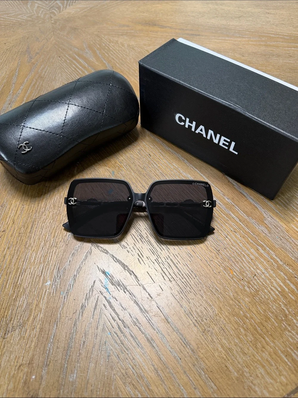 CHANEL Black Square Oversized Sunglasses with Silver CC Temples