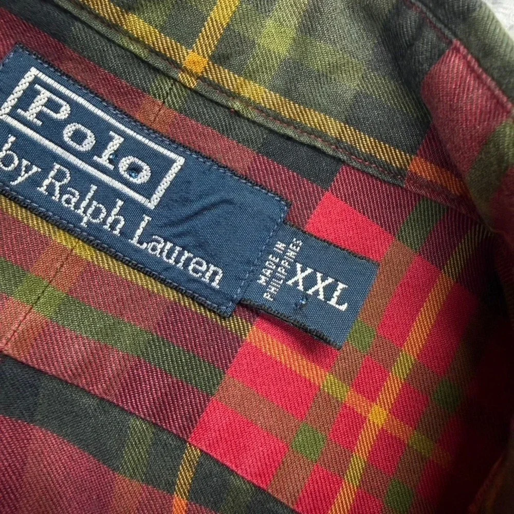 Vintage Polo Ralph Lauren Shirt Men XXL Red Green Plaid Elbow Patch Button Up 90