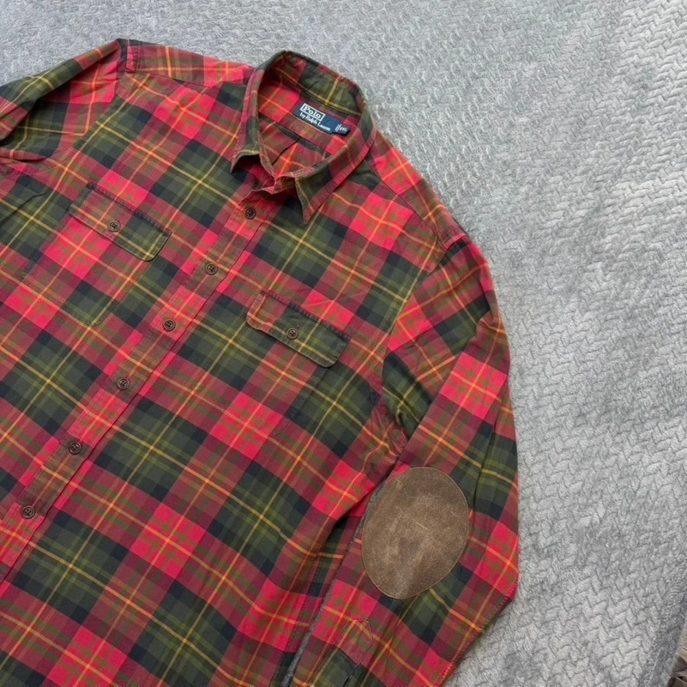 Vintage Polo Ralph Lauren Shirt Men XXL Red Green Plaid Elbow Patch Button Up 90