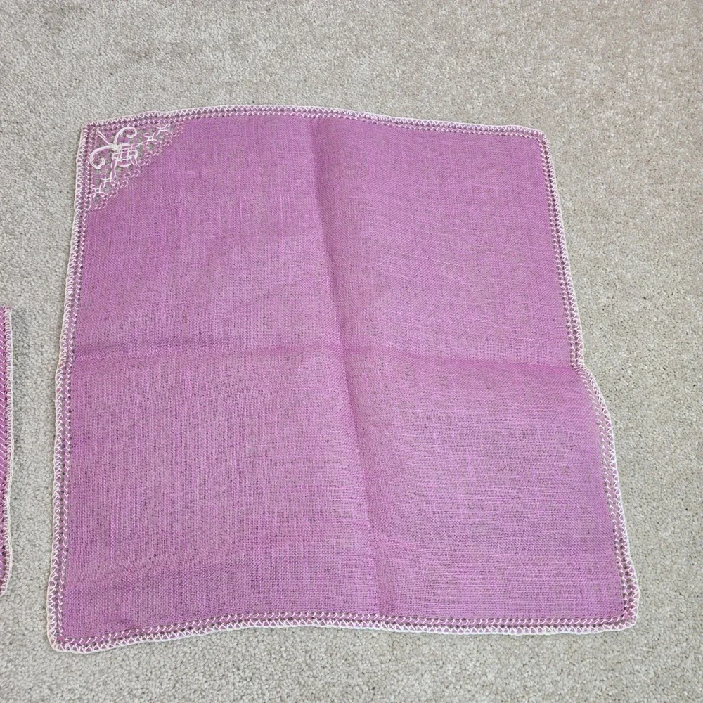 Vintage Orchid Purple Linen Napkins Set of 8 Hand Crocheted White Lace Trim