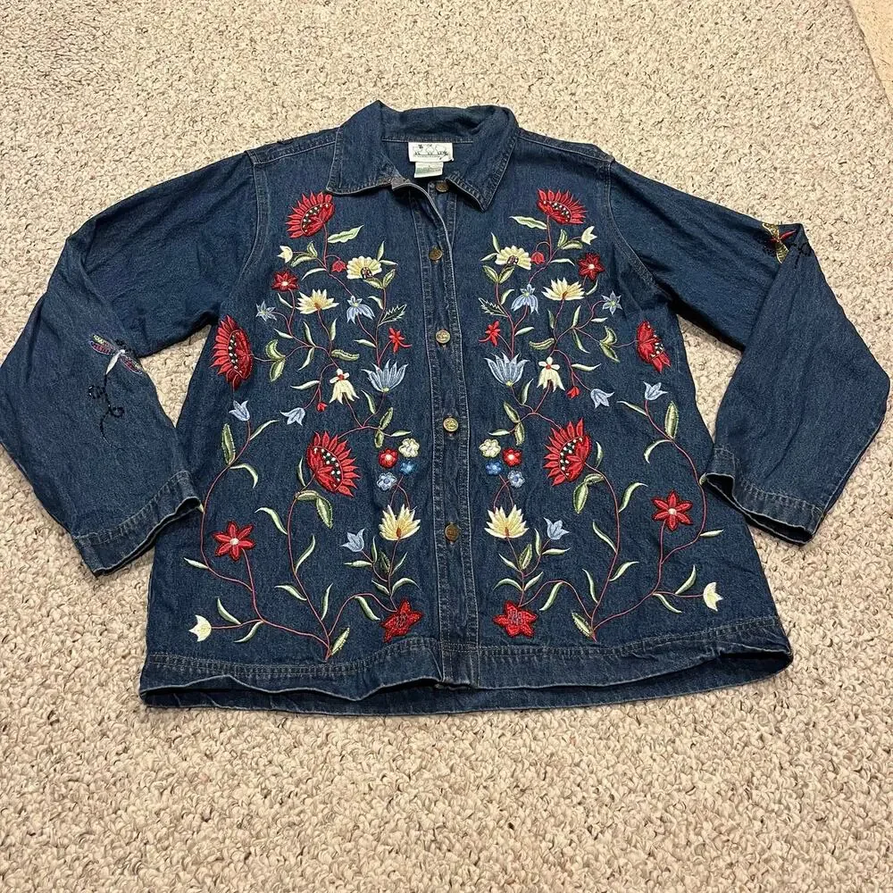 Quacker Factory Floral Embroidered Denim Shacket L Cottagecore Maximalist