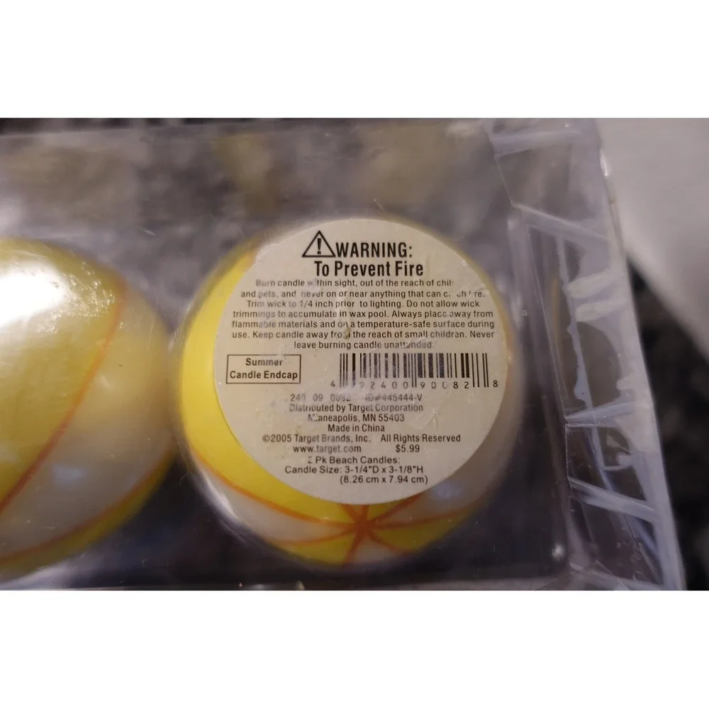 Target‎ 2005 Beach Ball Candles Set of 2 Yellow White Striped Summer Decor NEW