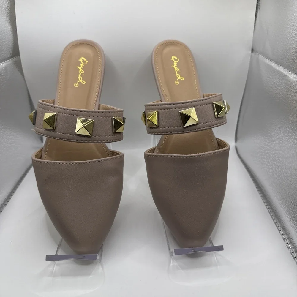 Qupid Slip On Studded Mules Taupe /‎ Tan New Size 6