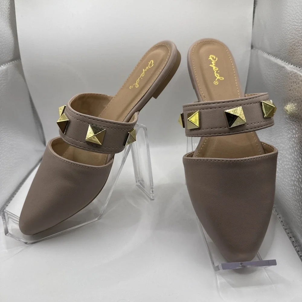 Qupid Slip On Studded Mules Taupe /‎ Tan New Size 6