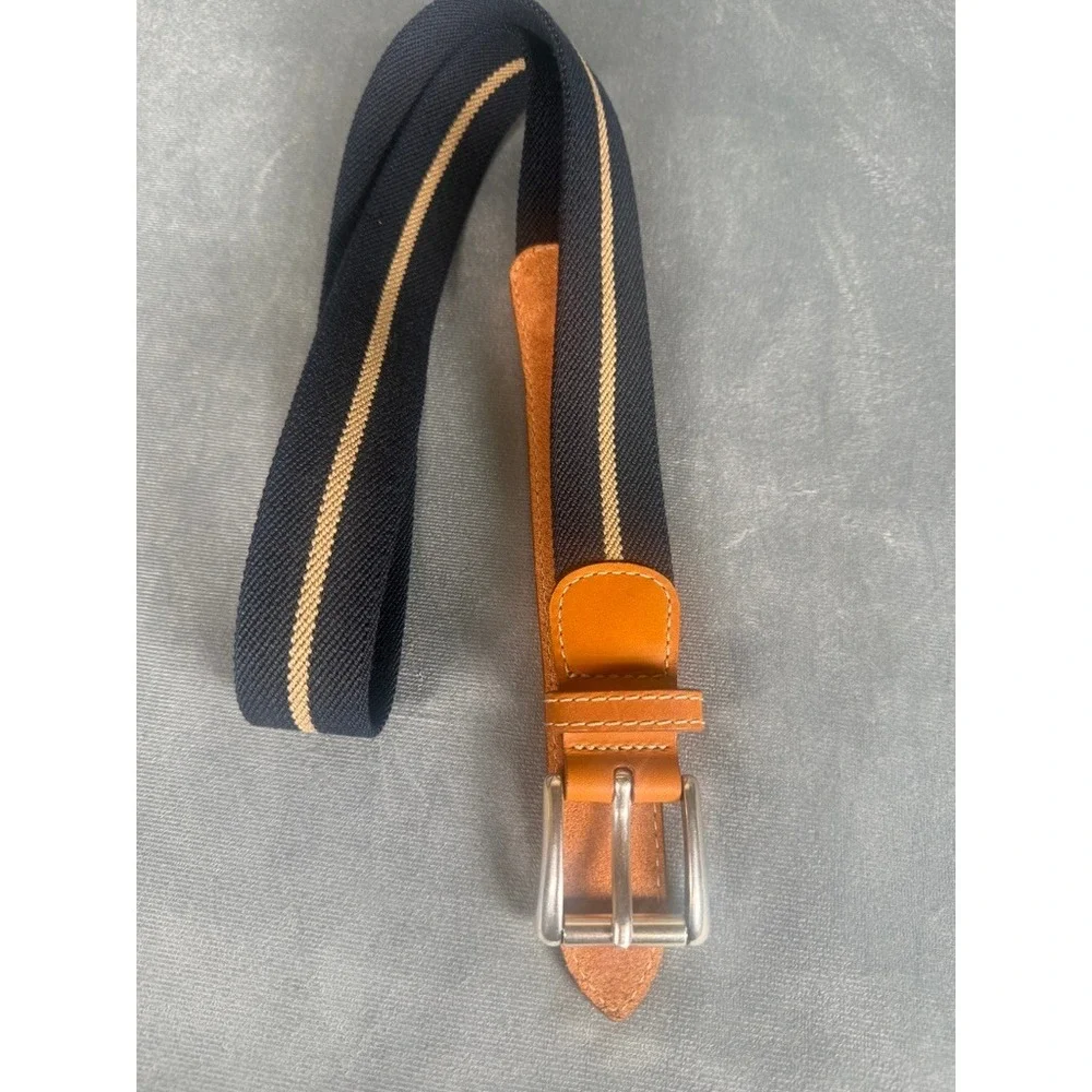 L.L.Bean Stretch Web Belt Navy Tan Stripe Full Grain Leather Trim Size 38 USA