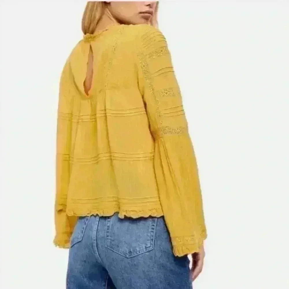 Free People Ladies Bell Sleeve Blouse Yellow boho ruffle peasant Size Small