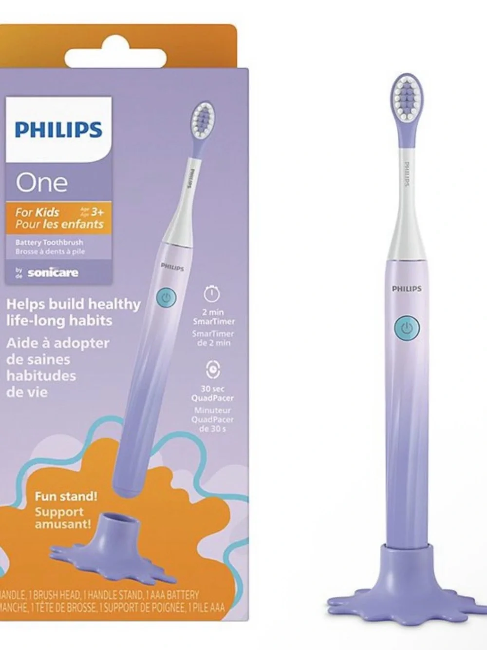 Philips One by Sonicare for Kids Battery Toothbrush for Ages 3+ ~ Purple ~ NIB