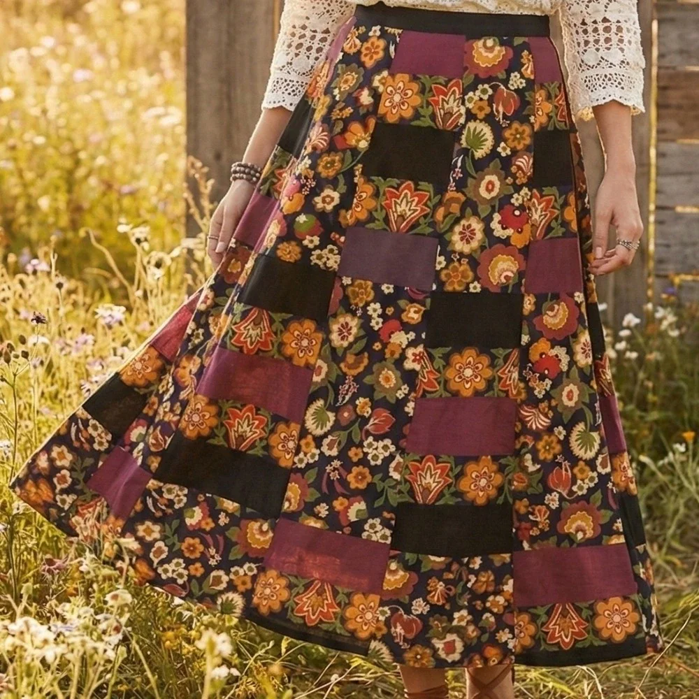 Vintage 70s‎ Velvet Patchwork Wrap Maxi Skirt Bohemian Hippie Florals Festival