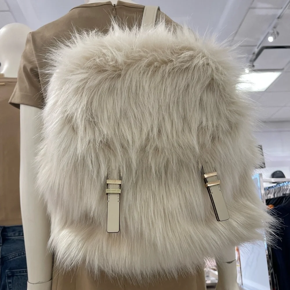 MICHAEL KORS Quinn Medium Flap Faux Fur Backpack Natural NWT Live Style