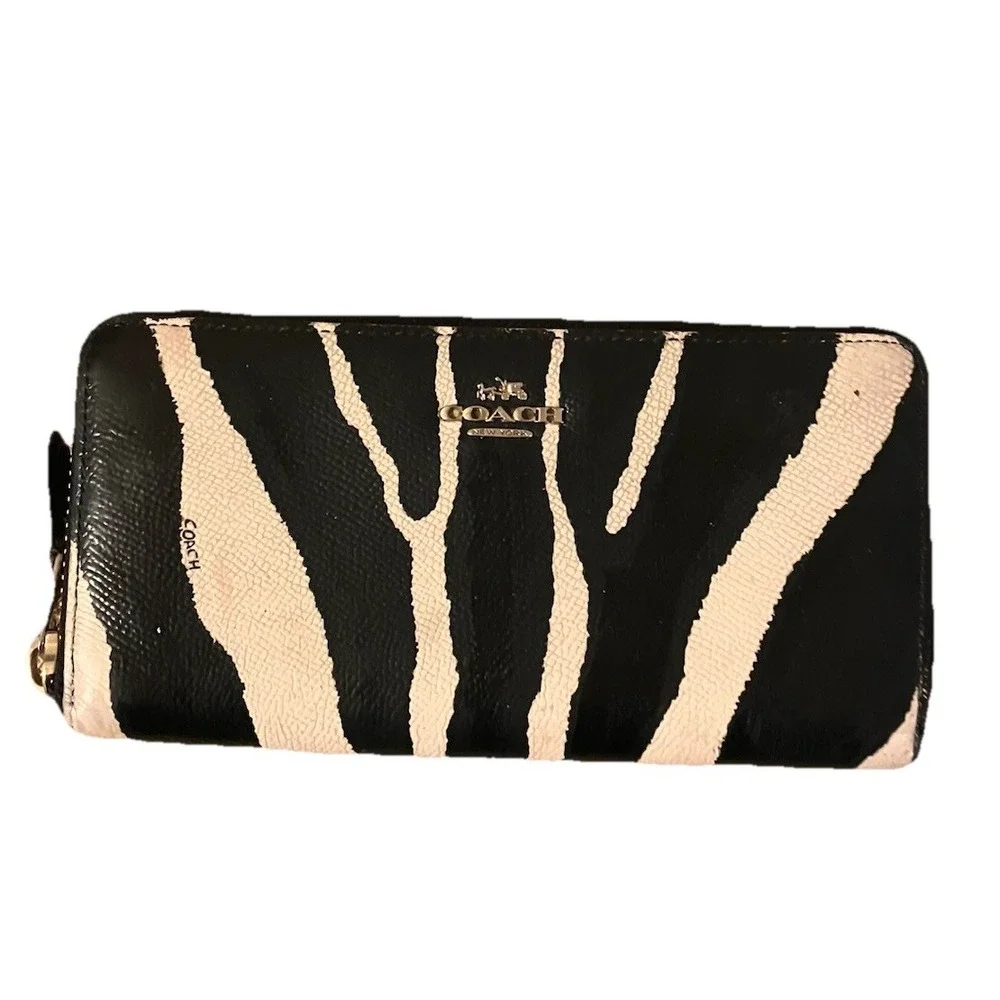 COACH Zebra Long Wallet Accordion Leather Black Cream Zip Around