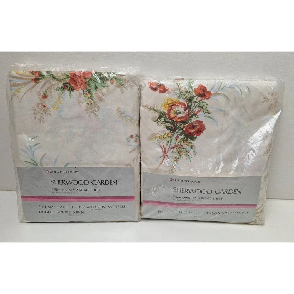 NOS Sears Full Size Flat Fitted Sheets Sherwood Garden Percale Perma Prest 1970s